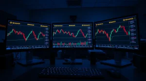 Cryptocurrency trading monitors showing Binance exchange and price charts with downward trend