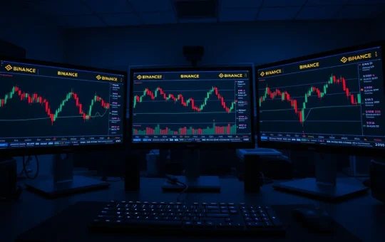 Cryptocurrency trading monitors showing Binance exchange and price charts with downward trend