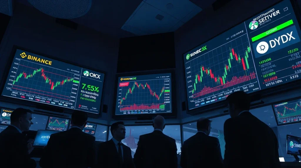 Trading screens showing crypto perpetual futures charts with Binance, OKX, and DEX logos in a professional trading environment.