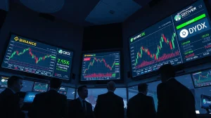 Trading screens showing crypto perpetual futures charts with Binance, OKX, and DEX logos in a professional trading environment.
