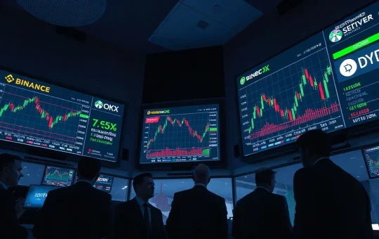 Trading screens showing crypto perpetual futures charts with Binance, OKX, and DEX logos in a professional trading environment.