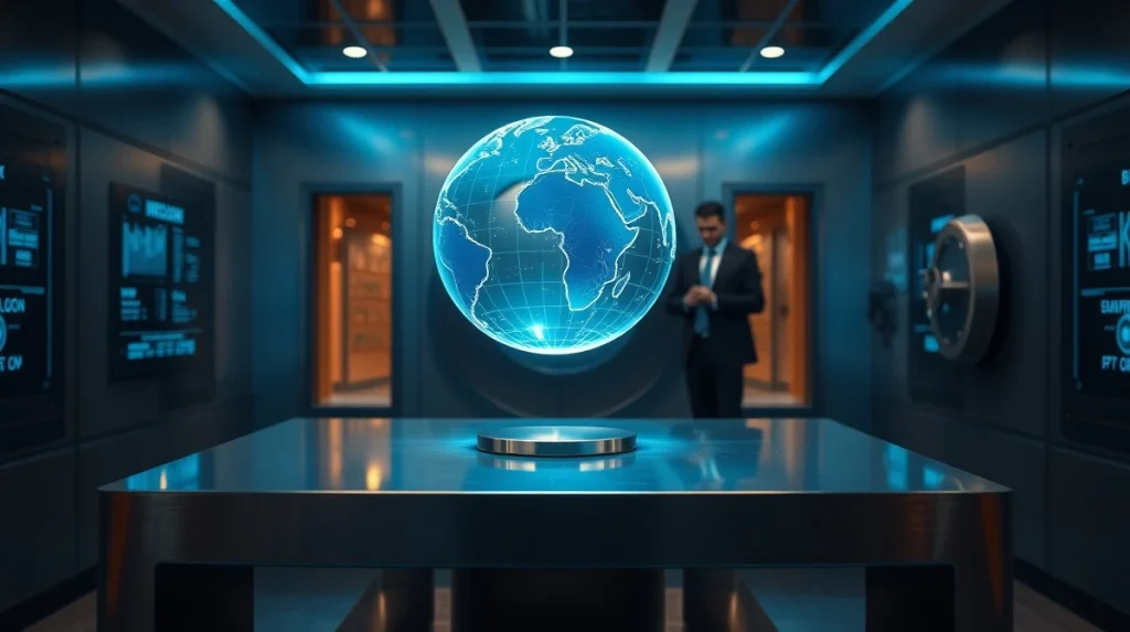 Holographic globe in a bank vault representing BIS tokenized cross-border payment testing
