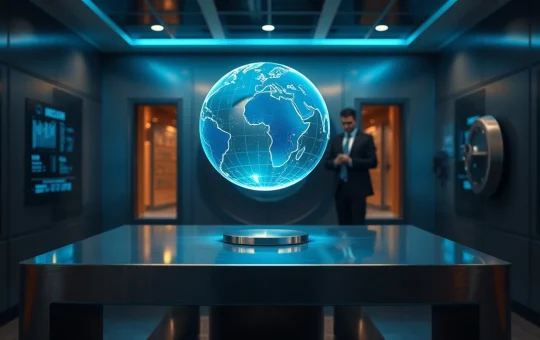 Holographic globe in a bank vault representing BIS tokenized cross-border payment testing