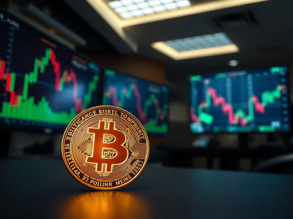 Bitcoin coin on a surface with blurred stock market charts in the background