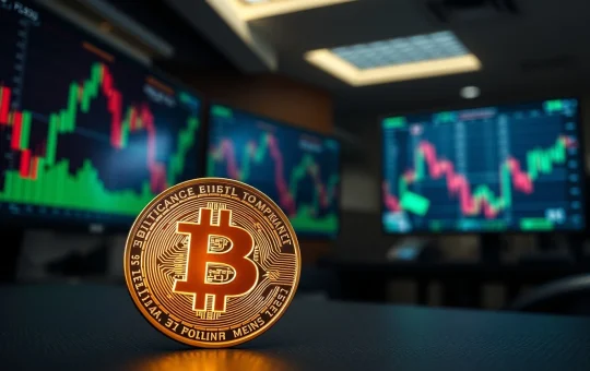 Bitcoin coin on a surface with blurred stock market charts in the background