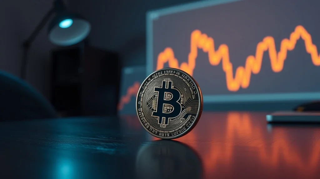 Bitcoin coin on table with faint chart pattern in background
