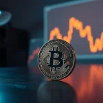 Bitcoin coin on table with faint chart pattern in background