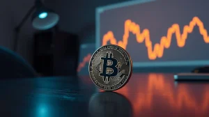 Bitcoin coin on table with faint chart pattern in background