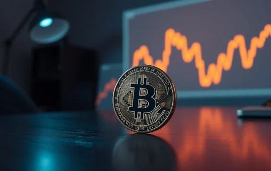 Bitcoin coin on table with faint chart pattern in background