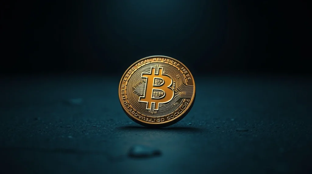Bitcoin coin resting on a stone surface with a glowing chart showing a price floor at $60,000.