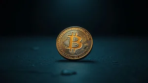 Bitcoin coin resting on a stone surface with a glowing chart showing a price floor at $60,000.