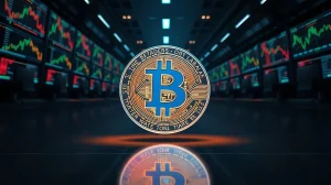 Bitcoin coin on a dark trading floor with monitors showing charts and order books.