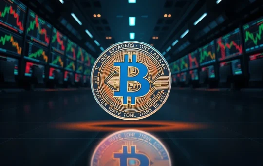 Bitcoin coin on a dark trading floor with monitors showing charts and order books.
