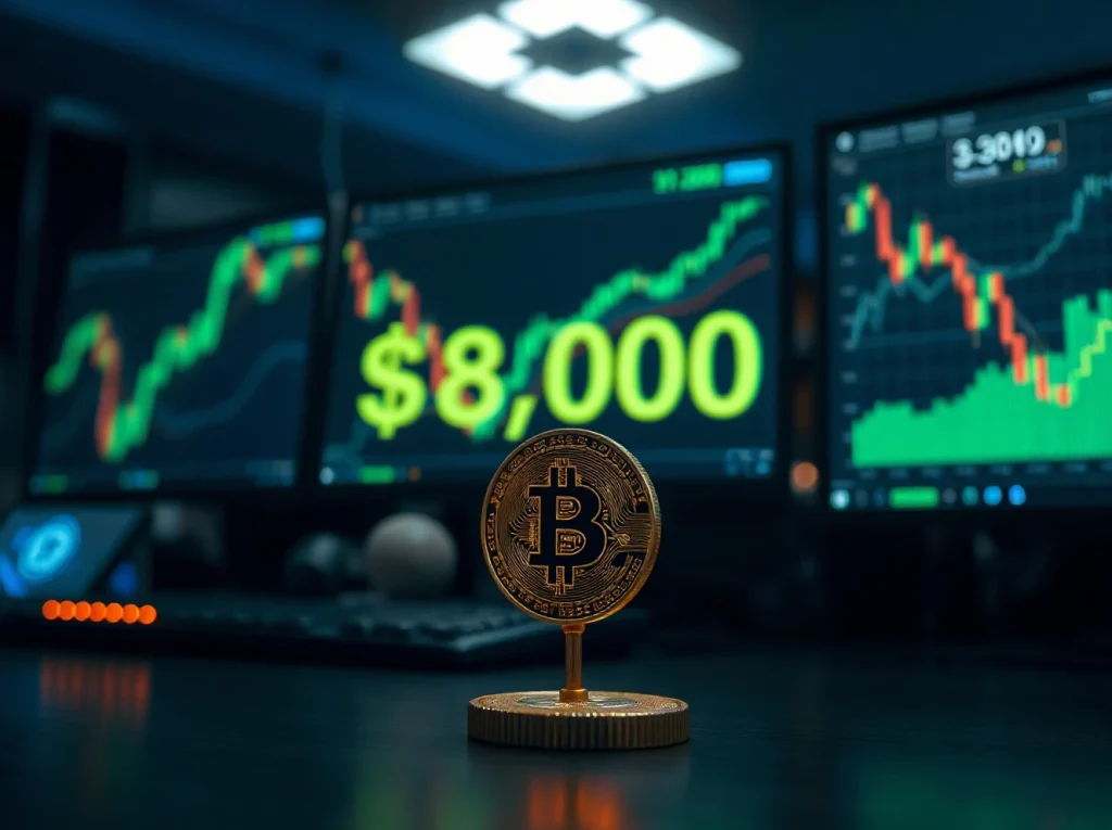 Bitcoin coin in focus with digital trading screen showing $80,000 and green charts