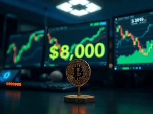 Bitcoin coin in focus with digital trading screen showing $80,000 and green charts