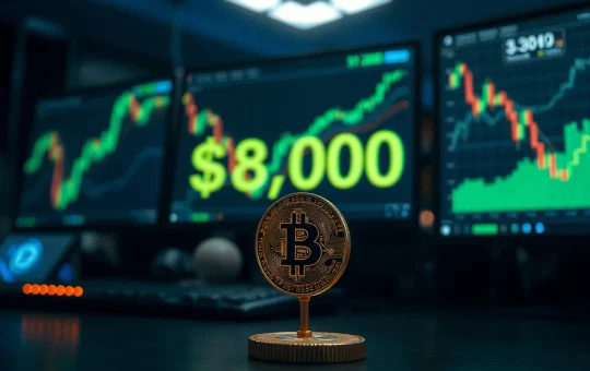 Bitcoin coin in focus with digital trading screen showing $80,000 and green charts