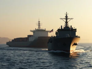 U.S. Navy destroyer escorting a cargo ship through the Strait of Hormuz under a golden sky