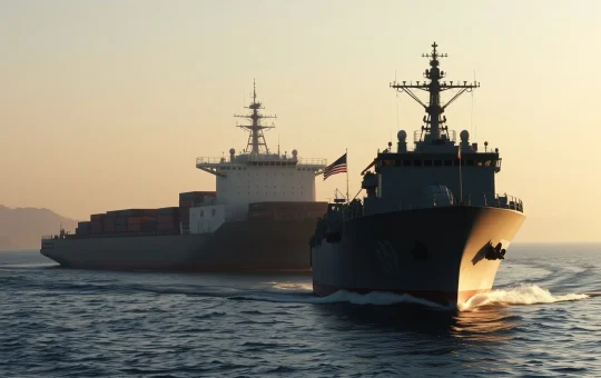U.S. Navy destroyer escorting a cargo ship through the Strait of Hormuz under a golden sky