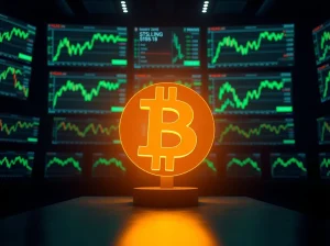 Bitcoin coin symbol centered in a professional trading studio with monitors showing price charts and market data.