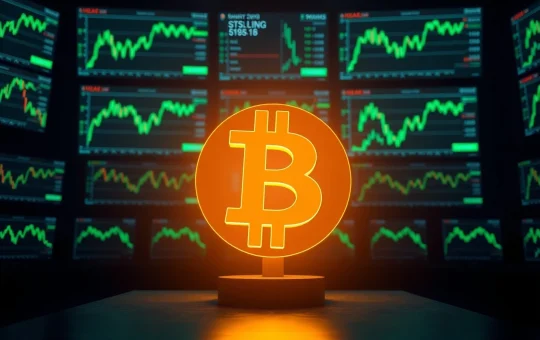 Bitcoin coin symbol centered in a professional trading studio with monitors showing price charts and market data.