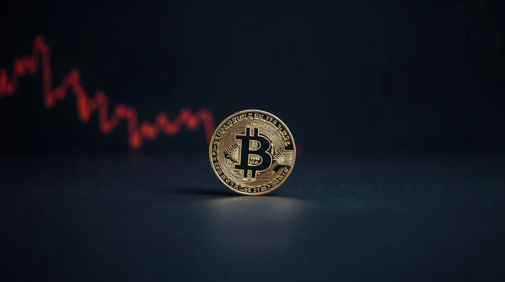 Bitcoin coin on dark surface with subtle red chart reflection indicating market decline