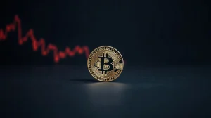 Bitcoin coin on dark surface with subtle red chart reflection indicating market decline