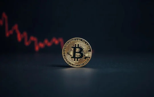 Bitcoin coin on dark surface with subtle red chart reflection indicating market decline