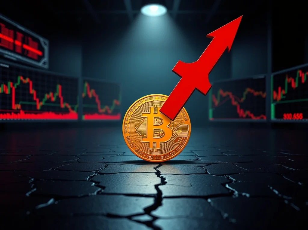 Bitcoin coin with a red downward arrow symbolizing a bearish pattern and potential $30,000 price wipeout in the crypto market.