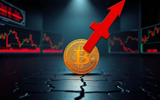 Bitcoin coin with a red downward arrow symbolizing a bearish pattern and potential $30,000 price wipeout in the crypto market.