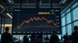 Bitcoin price chart showing decline below $80,000 on a trading floor display
