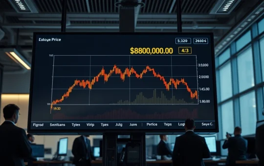 Bitcoin price chart showing decline below $80,000 on a trading floor display