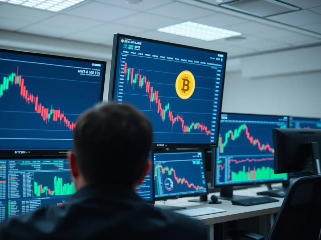 Bitcoin price charts on multiple monitors in a professional trading environment with analyst in foreground