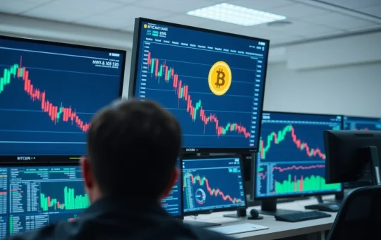 Bitcoin price charts on multiple monitors in a professional trading environment with analyst in foreground