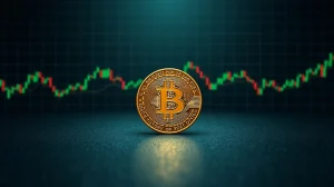 Bitcoin coin on dark background with COT futures chart data, representing the Bitcoin COT shift Peter Brandt analyzed.