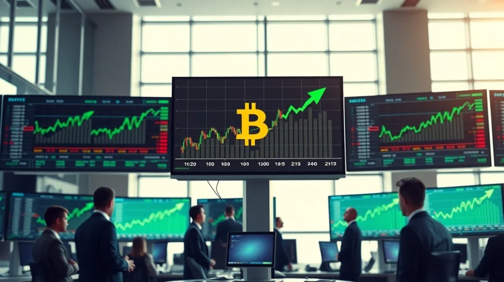 Traders observing a Bitcoin price chart on a large monitor in a modern trading floor, reflecting bullish sentiment.