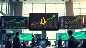 Traders observing a Bitcoin price chart on a large monitor in a modern trading floor, reflecting bullish sentiment.