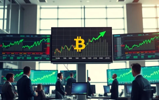 Traders observing a Bitcoin price chart on a large monitor in a modern trading floor, reflecting bullish sentiment.