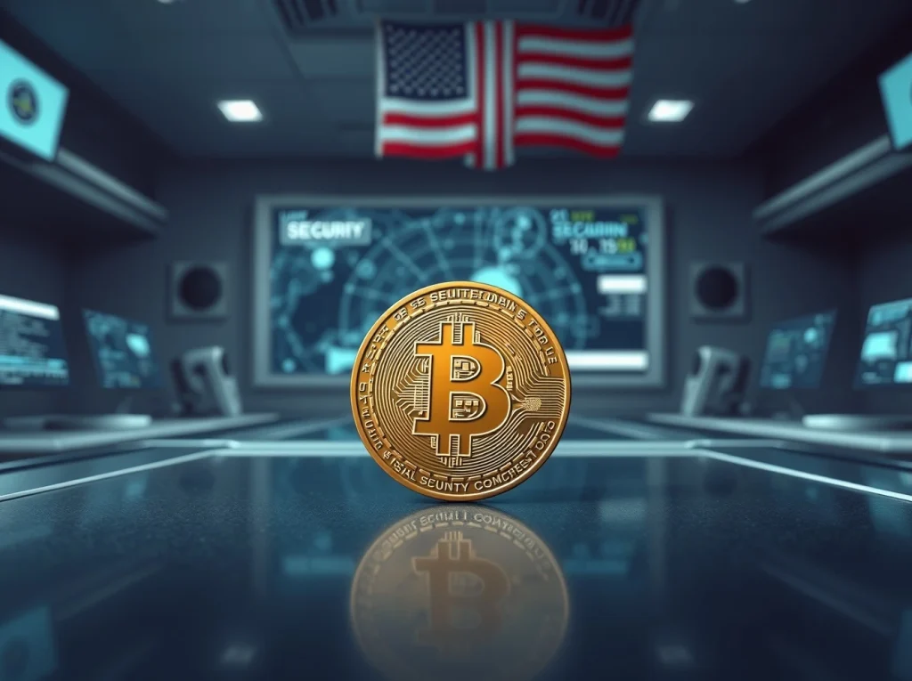 Bitcoin coin on metal surface with American flag backdrop, representing cryptocurrency and national security
