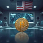 Bitcoin coin on metal surface with American flag backdrop, representing cryptocurrency and national security