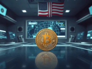 Bitcoin coin on metal surface with American flag backdrop, representing cryptocurrency and national security