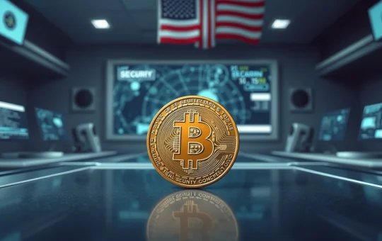 Bitcoin coin on metal surface with American flag backdrop, representing cryptocurrency and national security