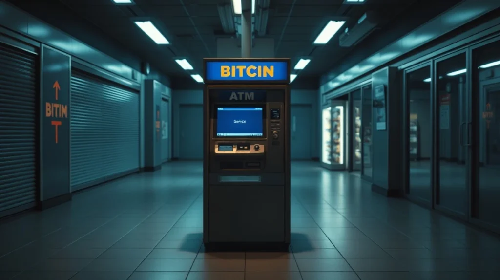 Bitcoin ATM machine displaying error in empty retail corridor