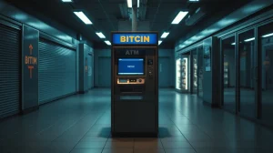 Bitcoin ATM machine displaying error in empty retail corridor