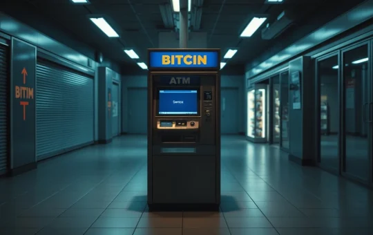 Bitcoin ATM machine displaying error in empty retail corridor