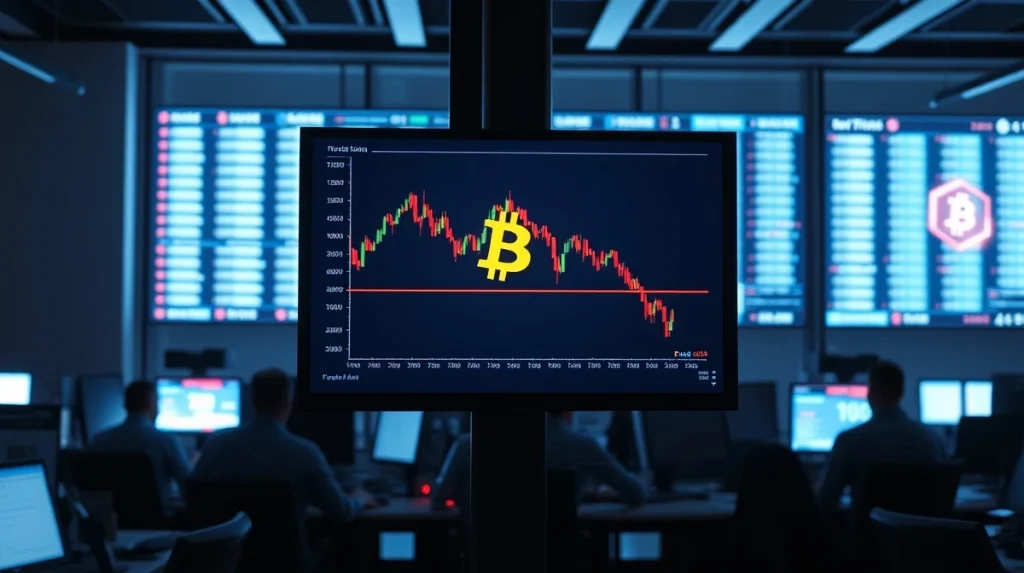 Bitcoin price chart on a trading floor screen showing a slight decline amid large liquidations.