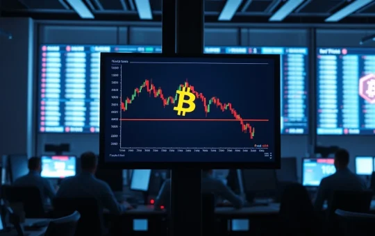 Bitcoin price chart on a trading floor screen showing a slight decline amid large liquidations.