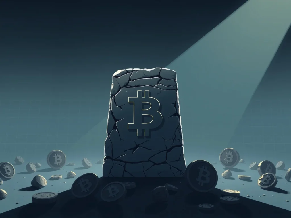 Large stone monolith symbolizing Bitcoin dominance over smaller cracked coins in a dim digital landscape.
