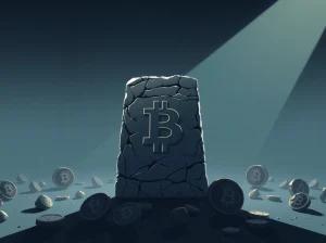 Large stone monolith symbolizing Bitcoin dominance over smaller cracked coins in a dim digital landscape.