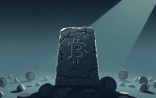 Large stone monolith symbolizing Bitcoin dominance over smaller cracked coins in a dim digital landscape.
