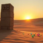 Bitcoin pillar in desert landscape with altcoin gems emerging at its base, symbolizing declining dominance and altseason.